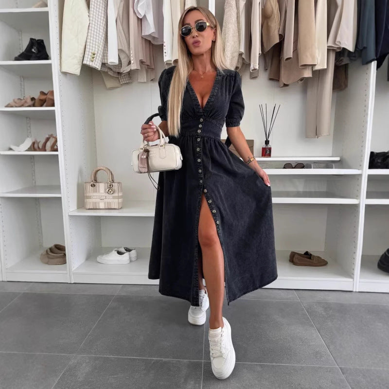 V-neck Short Sleeve Loose Denim Long Button Dress